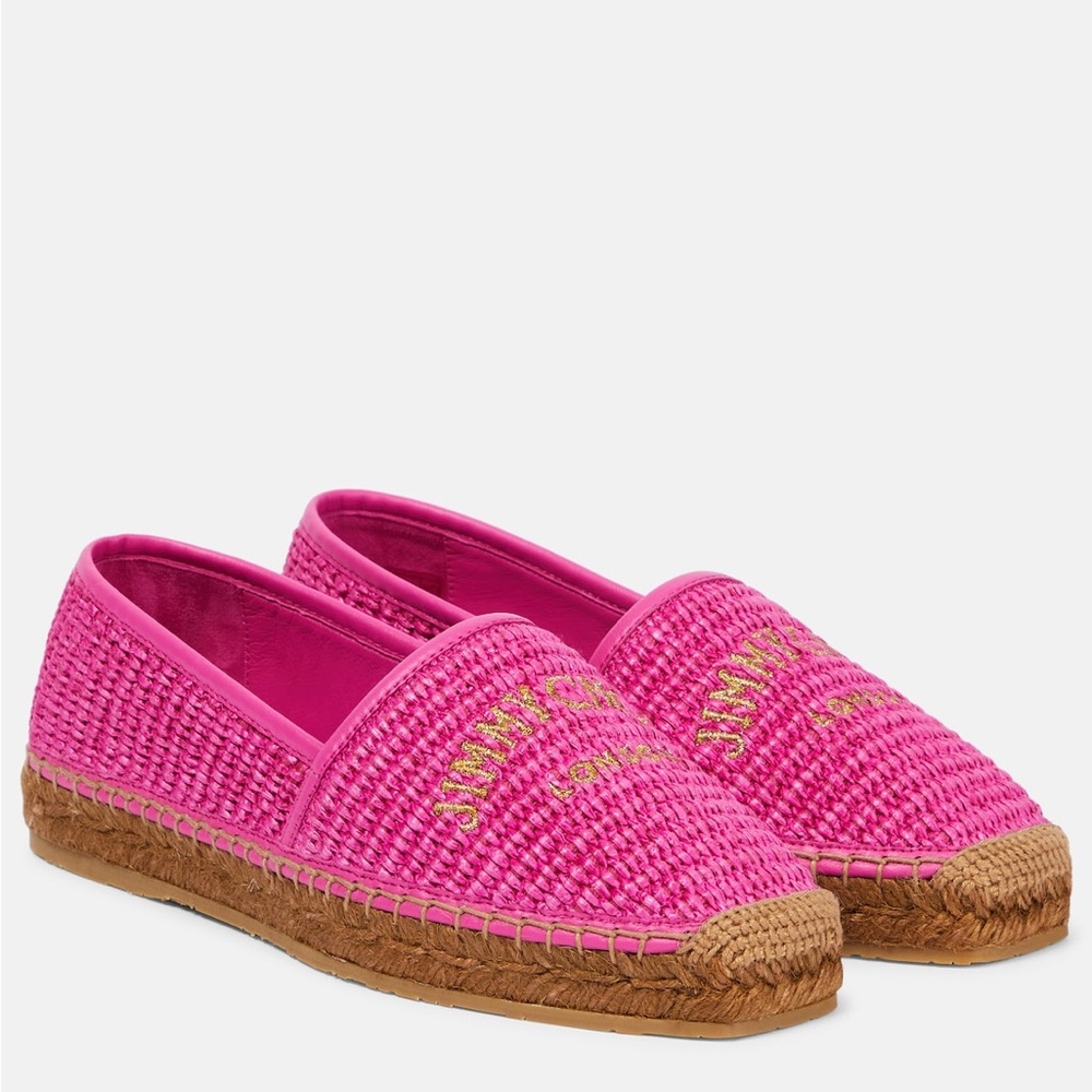 New JIMMY CHOO Brie Flat logo raffia espadrilles $595 37 - Picture 2 of 12